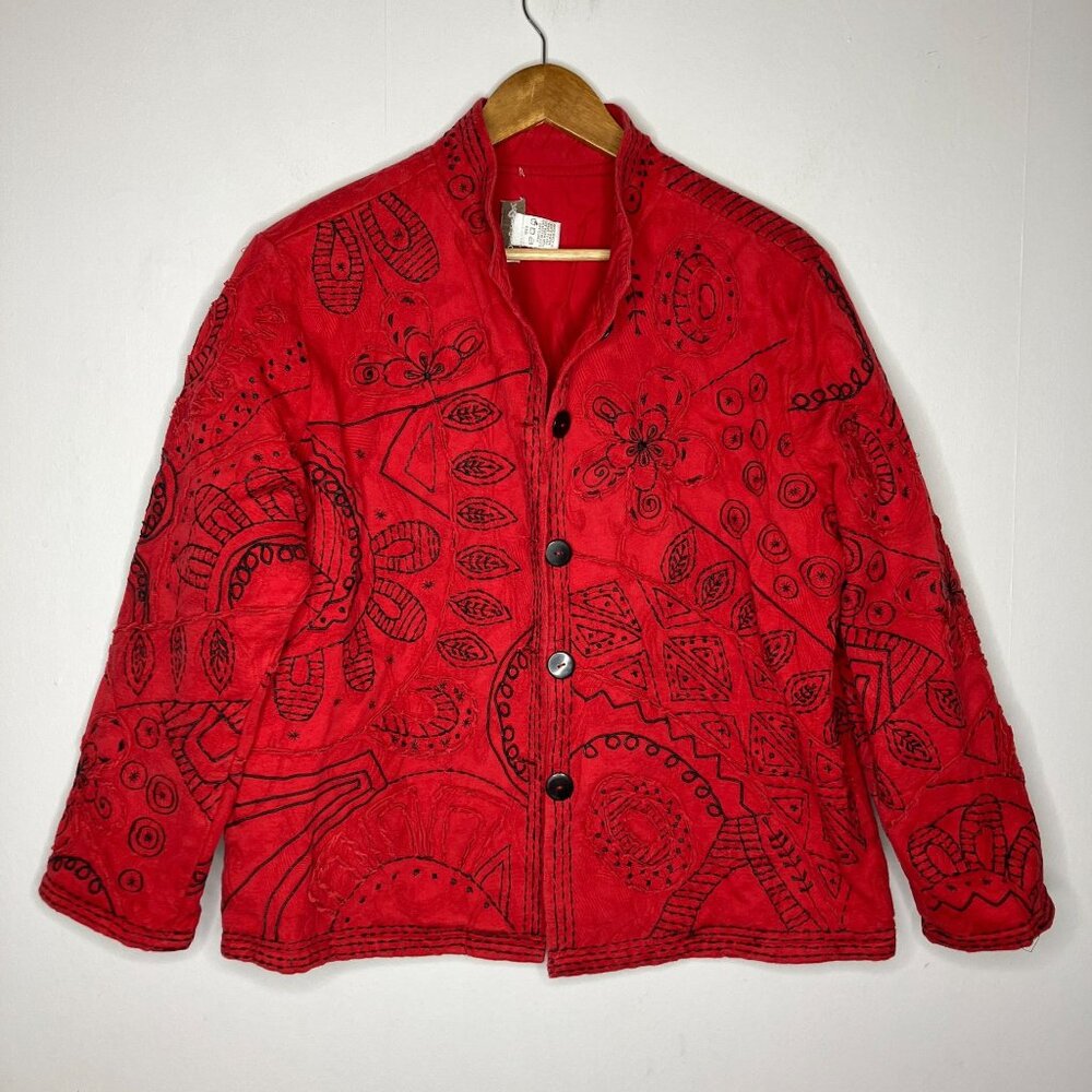 Drapers & Damons Red Embroidered Jacket 1X Womens Button Art Lagenlook READ